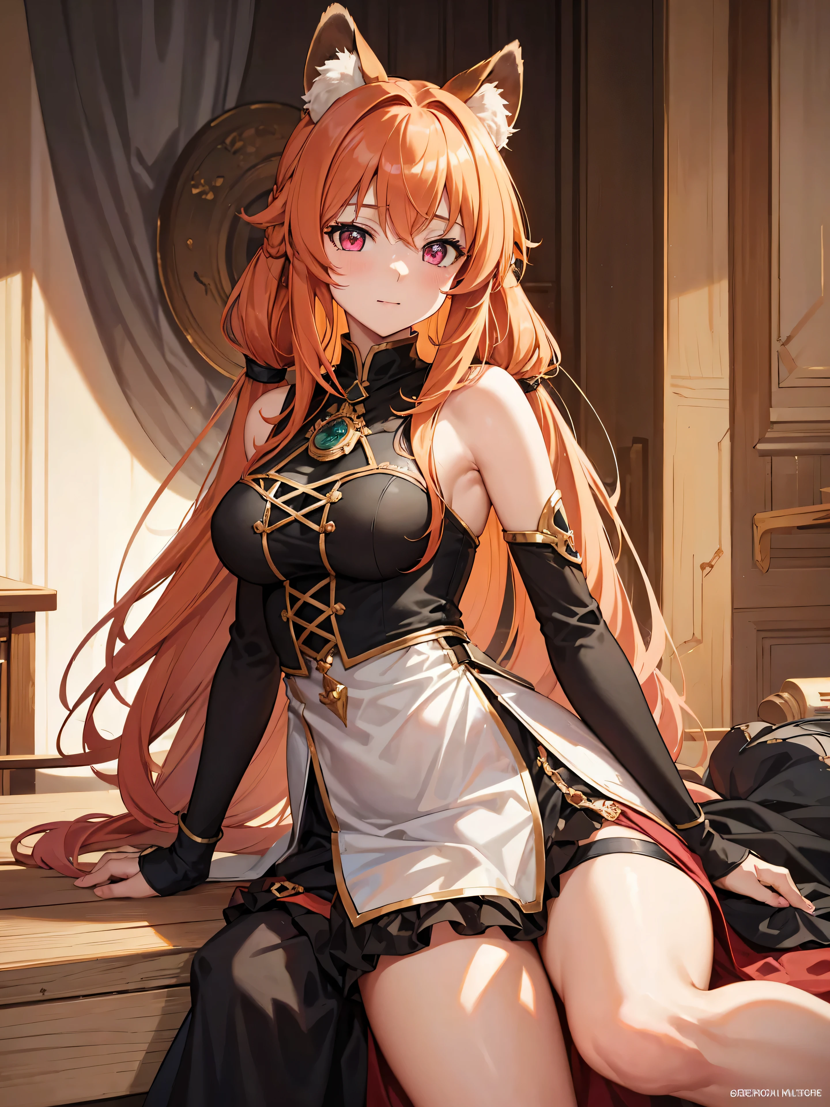 Highly detailed, high quality, masterpiece, beautiful, (all photo shooting), girl student, Raphtalia from rising of the shield, perfect eyes, pink eyes, clear eyes, blushing face, happy face, big thighs, medium breast, long hair, orange hair, with pigtails in the hair in front, raccoon ears, raccoon tail, medieval costume in black and red, short skirt, sexy, full panties, background image in a room