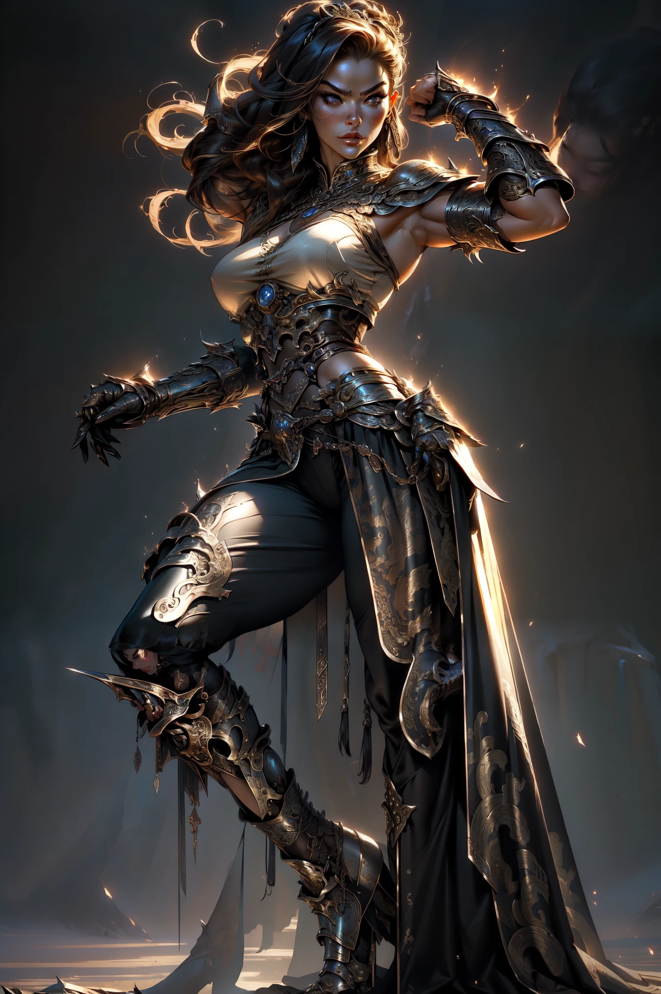 (Masterpiece, highest quality, Best Quality, Beautiful and aesthetic:1.2), (1girl in:1.4), full body, muscular and powerful woman, detailed armor with Chinese influences, (lots of metal in the clothes:1.4), large breasts, generous neckline, metal gloves, brave expression, colorful hair, (Sexy warrior pose:1.5), fierce face, stunning detailed fantasy art, dark kingdom background, (fantastic landscape:1.3), Looking at viewer, seductive, adult fantasy