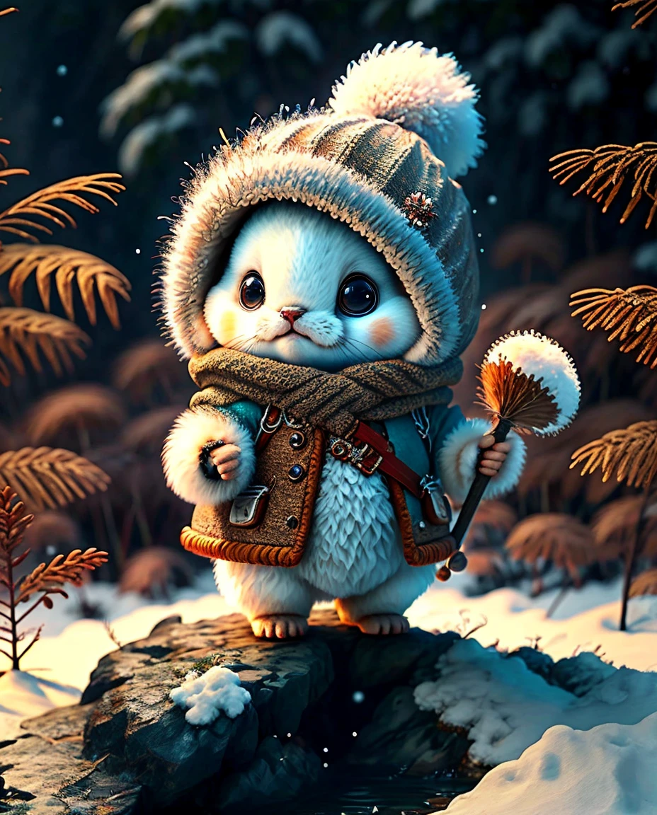 Highest quality、" 剣と盾を手に持つcute生き物たち. 、（Location: Forest ）,The season is winter、   Details , In 8K、Highest quality、 cute creatures dressed as adventurers 、 He has an axe in his hand、 medieval adventurer costume  、(((cute)))、