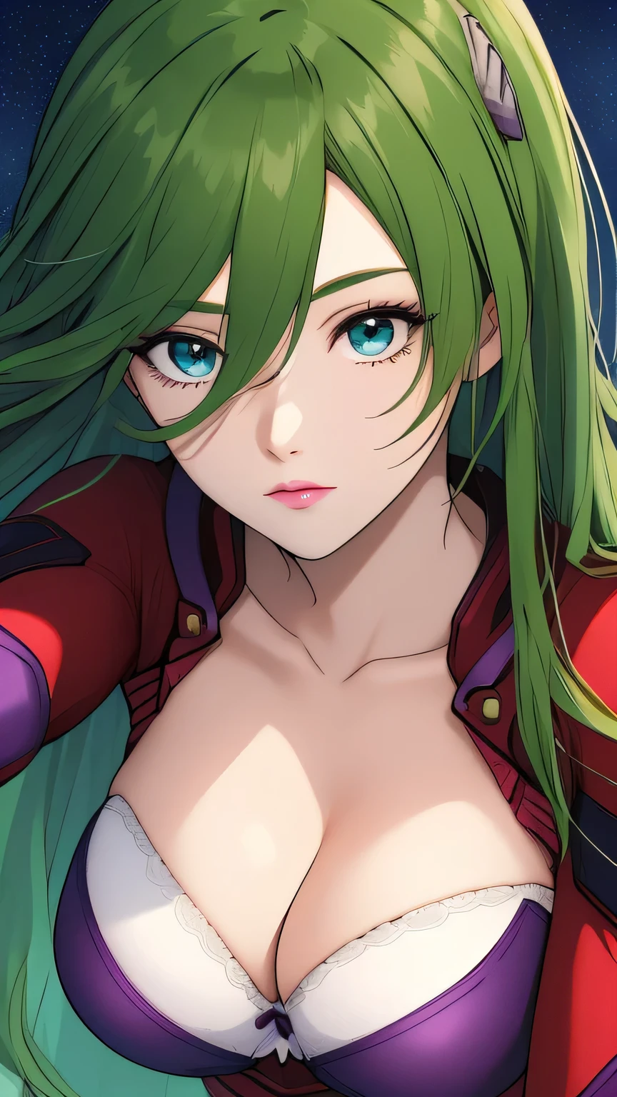 emiliajenius, large_breasts, huge_breasts, cleavage, solo, Red_pilot_suit_White_bra_Purple_shoulder_pads_High_collar, starry_sky, green_hair,, masterpiece, best_quality, detailed_face, detailed_eyes, highres, beautiful, detailed, full body