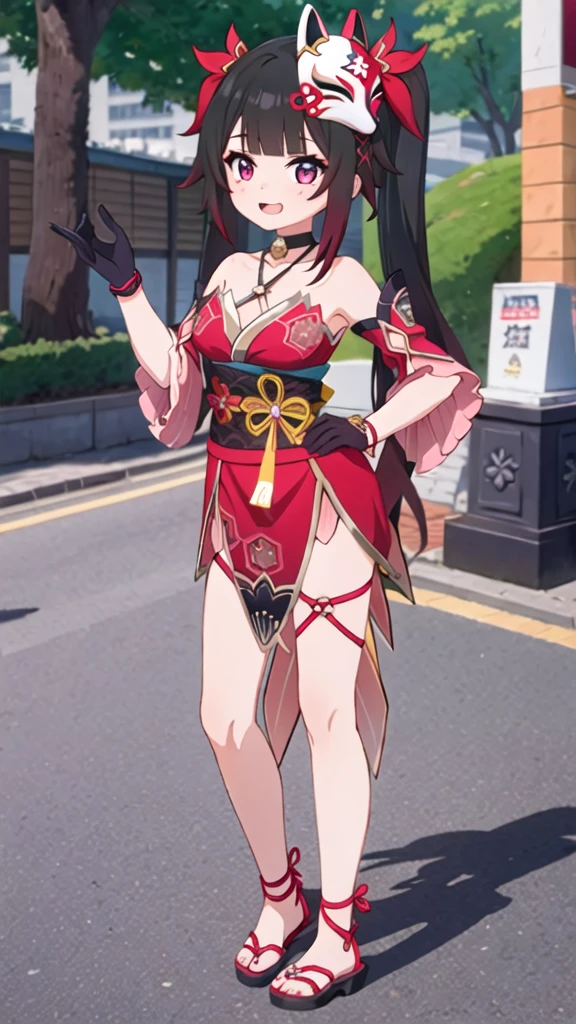 1girl, sparkle \(honkai: star rail\), twintails, hair ornament, solo, off shoulder kimono, mask on head, detached sleeves, choker, obi, single glove, wristband, criss-cross halter, thigh strap, cowboy shot, standing, japanese street, outdoors, depth of field, smug, open mouth, hands on hip, looking at viewer , full body , full body art , 