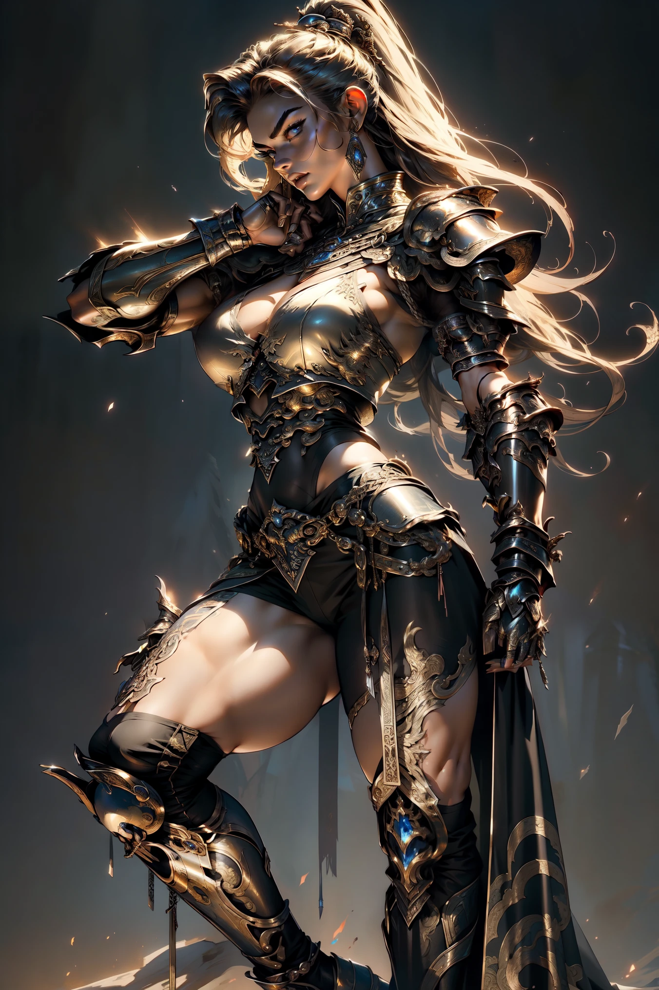 (Masterpiece, highest quality, Best Quality, Beautiful and aesthetic:1.2), (1girl in:1.4), full body, muscular and powerful woman, detailed armor with Chinese influences, (lots of metal in the clothes:1.4), large breasts, generous neckline, metal gloves, brave expression, colorful hair, (Sexy warrior pose:1.5), fierce face, stunning detailed fantasy art, dark kingdom background, (fantastic landscape:1.3), Looking at viewer, seductive, adult fantasy