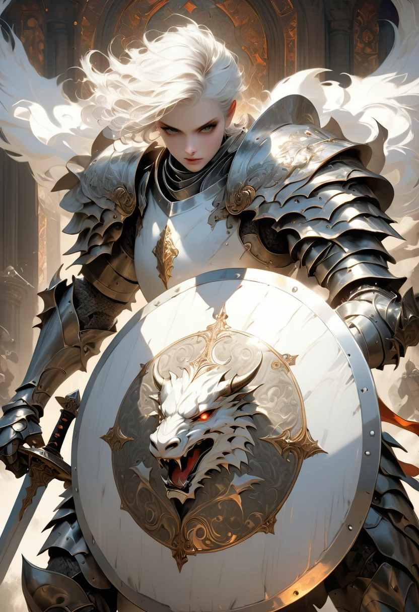 breathtaking A  very detailed  digital painting  of a powerful knight in armor holding a large, Shield decorated with heroic poses, An extremely detailed full-body knight in shiny white armor with intricate patterns, Standing in a dramatic pose,Fighting the dragon with a sword、 Huge in one hand, A circular shield with a glowing emblem in the center, The shield is inscribed with beautiful scrollwork and runes., Shiny Metal, Cinema Lighting, Illustration：ArtJam、 Greg Rutkowski 、 Alphonse Mucha ,  digital painting  .  Award-winning, professional,  very detailed,  Detailed Matte Paint, Dark colors,  fantastic,  complicated details, Splash screen, Complementary Color,  Fantasy Concept Art, 8k resolution trending on Artstation Unreal Engine 5 Short-haired white-haired female knight　Fight monsters　White Armor　Several warriors on the back　Dark Eyes　fight　