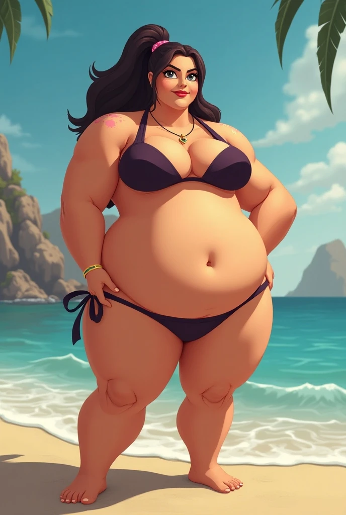 1 girl, morbidly obese black gorgeous woman, long hair, (bikini), (double chin), overweight, (huge belly), big breasts, make-up, exotic island,