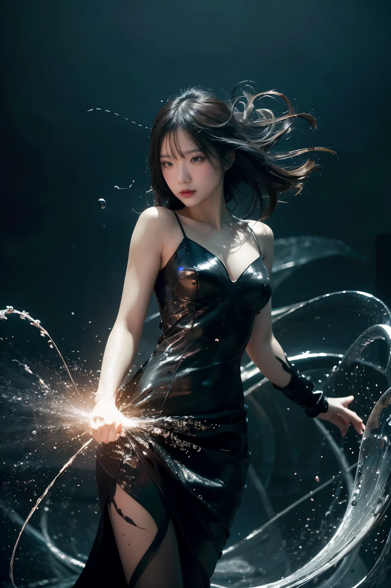 ((masterpiece, best quality)), ultra detailed 8k, photorealistic, sharp focus, highly detailed, professional lighting , shadowmancer, photo of a woman, ink particle, ((swirling black ink floating around)), futuristic fantasy, futuristic white dress, dynamic pose, realistic, masterpiece, intricate details, detailed background, depth of field,