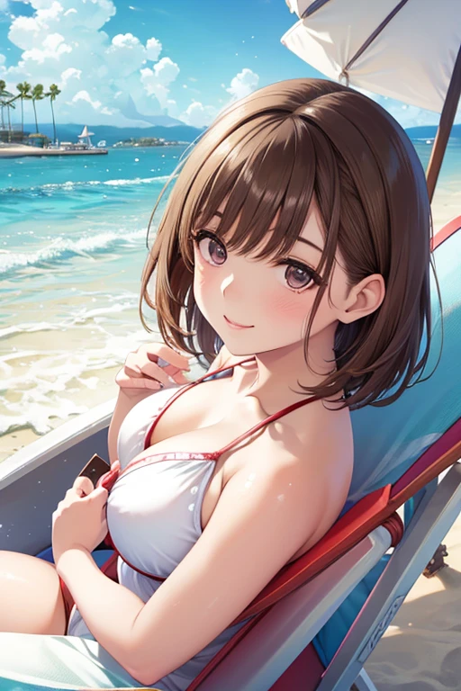 brown hair, beach, chair, side tail, leg crossing, armpits, tube top, red skirt