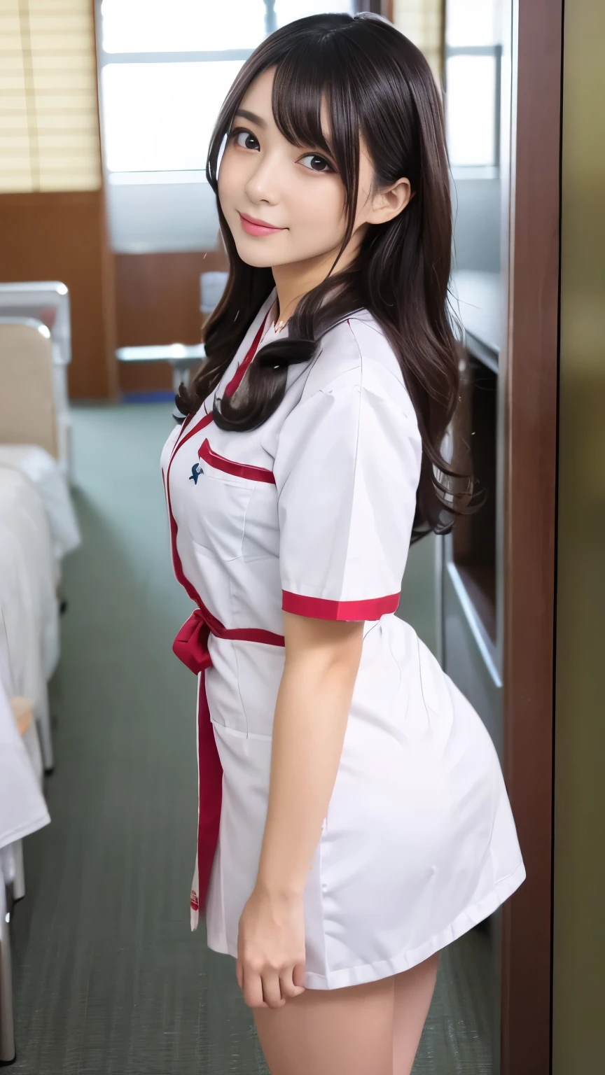 Close-up: A beautiful tall nurse with long legs and huge breasts standing in a hospital corridor. View from below. Nurse uniform. White pantyhose.