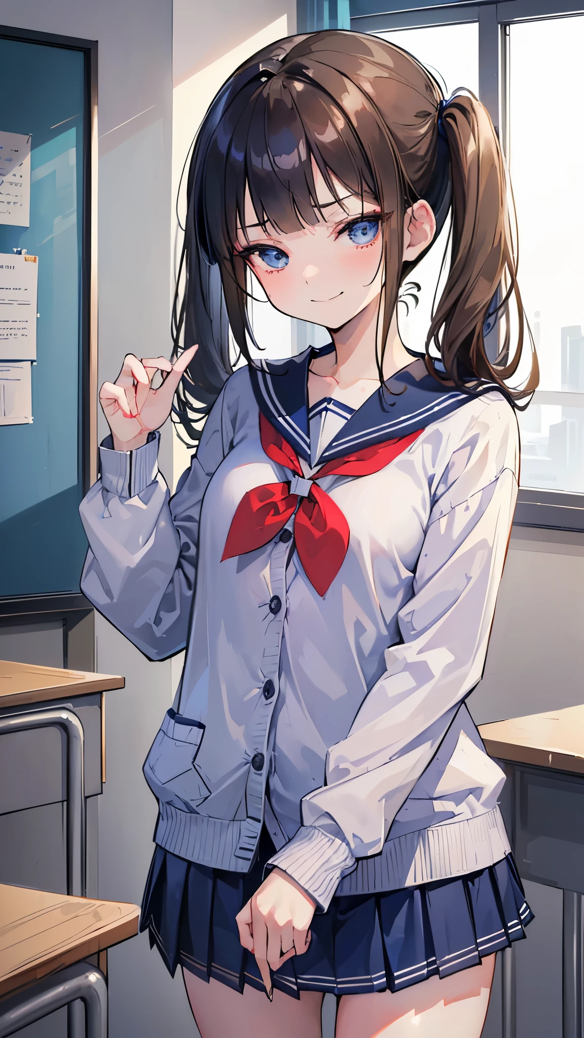 (Best Quality:1.3)、1girl in、hi-school girl、a miniskirt、desk work、Sit up、Angle from directly above、Cute anime illustration、