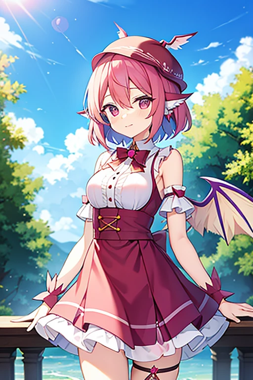 (masterpiece,best quality,ultra-detailed), an anime girl who is a playfully and sweet succubus. She has candy pink m-shaped bangs short hair with twin ponytails, ruby round eyes, fruit bat ears and wings, wearing an attire, barefoot, ankle straps, flying in a playful pose, smile playfully, looking at viewer