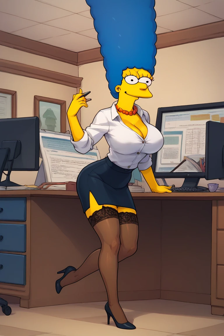 Marge Simpson very beautiful smiling with a super sexy body ((big breasts)) blue hair, with A secretary in a seductive outfit that includes a tight white blouse with a subtle neckline and a short black pencil skirt. She is wearing high heels, lace stockings and a thin belt that highlights her figure. The scene is set in an elegant office, with a desk, a computer and documents in the background, highlighting the combination of professionalism and sensuality in the outfit.