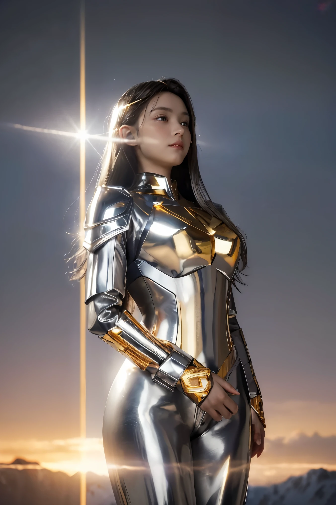 ((masterpiece, best quality, extremely detailed), volumetric lighting, ambient occlusion, colorful, glowing), 1girl, solo, young girl, (dark hair), long hair, halo, aura, sacred, goddess, cleric suit, (silver outfit with gold detailst:1.3), armor, outdoors, sunset, sky, clouds, space, (fantasy theme:1.2),