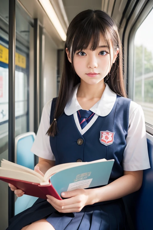 (masterpiece,top-quality,超A high resolution),A Japanese Lady, (((Very beautiful 16 year old girl))), Kawaii Girl、View photographer、Front view, (((Bob Hair,Hair Band))), hyper cute face, Glossy lips, Double eyelids in both eyes,Smiling smile、 Natural makeup, long eyelashes, Glossy and smooth hair quality、central image, Perfect limbs, Perfect Anatomy,(((School Uniforms)))、(((On the train)))