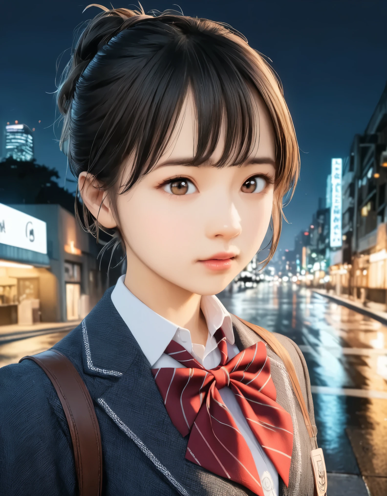 (best quality, 8k, high resolution:1.2), 1girl, school uniform, upper body, break, night city