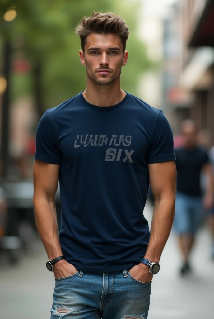 (As a matter of fact, Masterpiece, 8k HD, good light quality, sportswear, fit the face, complicated details), A handsome and muscular young Korean man., Have muscles, (Buzzcut short hair:1.5) ,(Broad shoulders:1.3), 20 years old, be happy, smile brightly, detailed face, delicate eyes, มองดูsky, (Wear a navy tight T-shirt.:1.9), period, black eyes, Black hair color, ผมsmooth, smooth, outdoor sports, Along the garden, Sunny,sky,