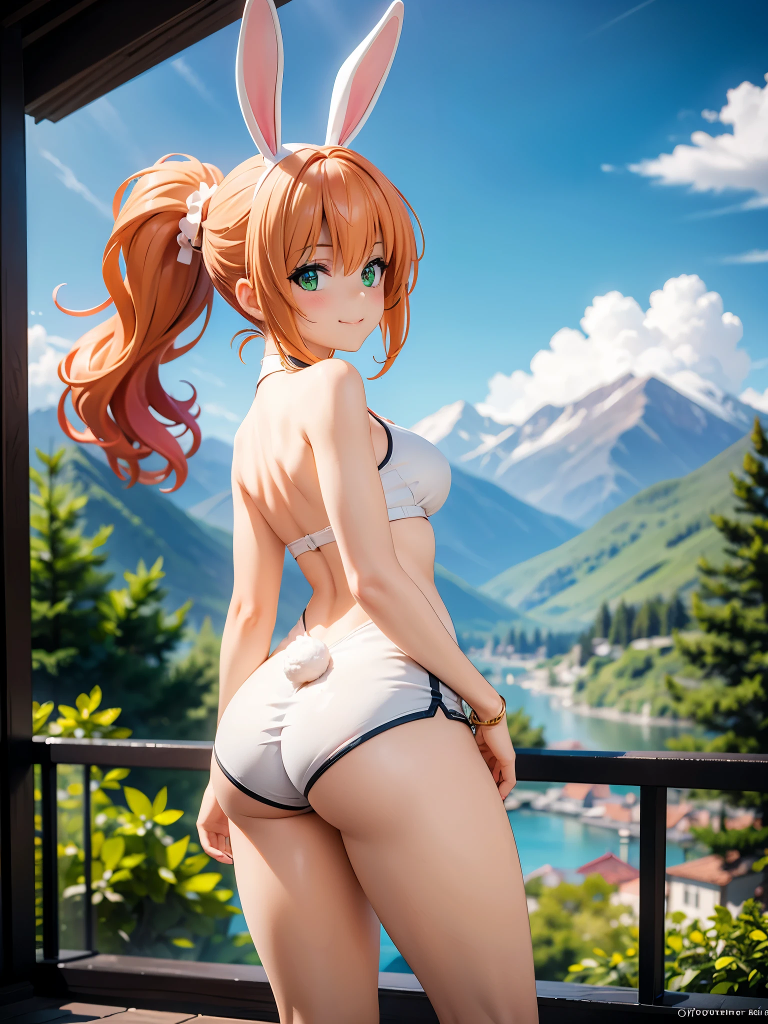 realistic image, coherent image, detailed image, 1 beautiful girl, She has orange hair, long, silky hair styled with a heart-shaped ponytail, green eyes, she has bunny ears, a bunny tail, her face is oval and delicate , smiling shyly. She is wearing a long sleeved top, mini shorts, sneakers. She has a curvy body, small breasts, thick thighs, view from behind, surrounded by mountains, windy day,