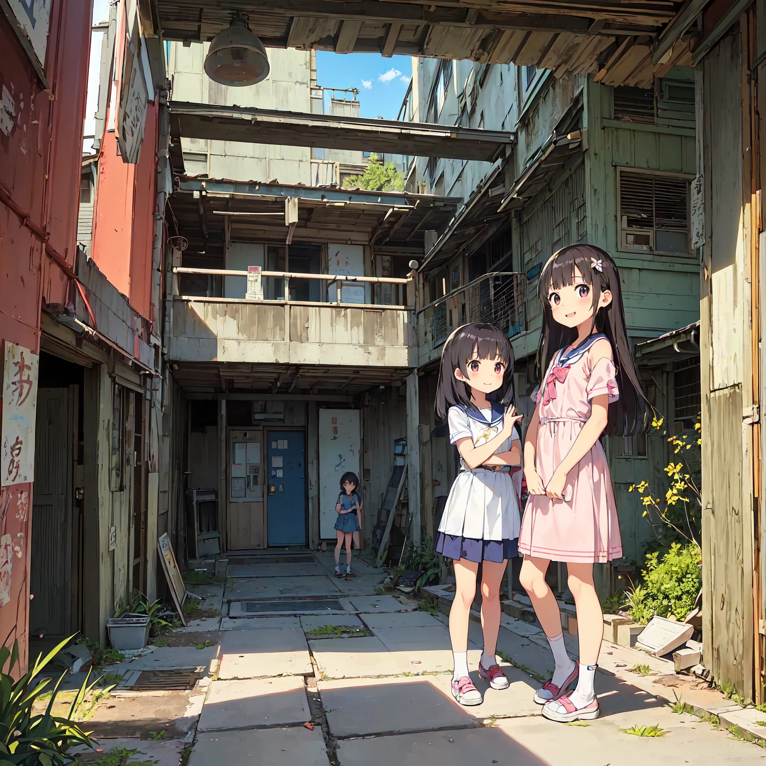 
(masterpiece、Detailed Anime)、((Three cute girls、Three elementary school girls、Summer clothes、にぎやかでfun))、( old and dirty stairs in the housing complex、Sky Corridor、Abandoned Port Town、General store、Battleship Island:1.2、Vending machines、garbage、Use waterways)、(Poor conditions)、(smile、fun)、smile、 Perfect Anatomy