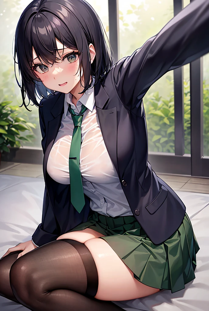 (day:1.7), outdoors, park, park_bench, plant, road,fence, grass,tree,
sitting at attention,sitting on couch,
school_uniform,yellow_sweater_vest,Blue_skirt,green_neckwear,
fubuki, black hair, green eyes, short hair, 
1 girl, 20yo,Young female,Beautiful Finger,Beautiful legs,Beautiful body,Beautiful Nose,Beautiful character design, perfect eyes, perfect face,
looking at viewer, (big_eyes:1.0),(Smile:1.3),
NSFW,official art,extremely detailed CG unity 8k wallpaper, perfect lighting,Colorful, Bright_Front_face_Lighting,
(masterpiece:1.0),(best_quality:1.0), ultra high res,4K,ultra-detailed,
photography, 8K, HDR, highres, absurdres:1.2, Kodak portra 400, film grain, blurry background, bokeh:1.2, lens flare, (vibrant_color:1.2)
(Beautiful,medium_Breasts:1.4), (beautiful_face:1.5),(narrow_waist),(perfect hands, perfect anatomy),