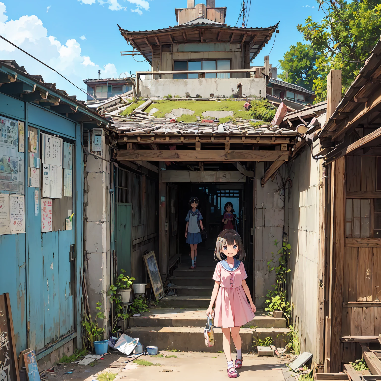 
(masterpiece、Detailed Anime)、((Three cute girls、Three elementary school girls、Summer clothes、にぎやかでfun))、( old and dirty stairs in the housing complex、Sky Corridor、Abandoned Port Town、General store、Battleship Island:1.2、Vending machines、garbage、Use waterways)、(Poor conditions)、(smile、fun)、smile、 Perfect Anatomy