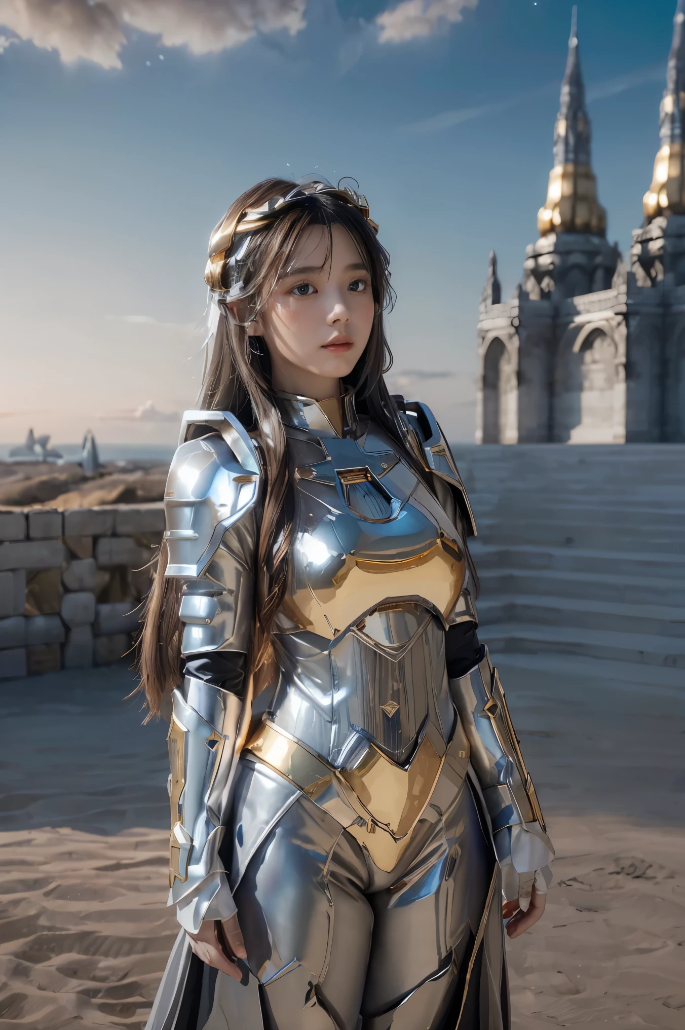 ((masterpiece, best quality, extremely detailed), volumetric lighting, ambient occlusion, colorful, glowing), 1girl, solo, young girl, (dark hair), long hair, halo, aura, sacred, goddess, cleric suit, (silver outfit with gold detailst:1.3), armor, outdoors, sunset, sky, clouds, space, (fantasy theme:1.2),