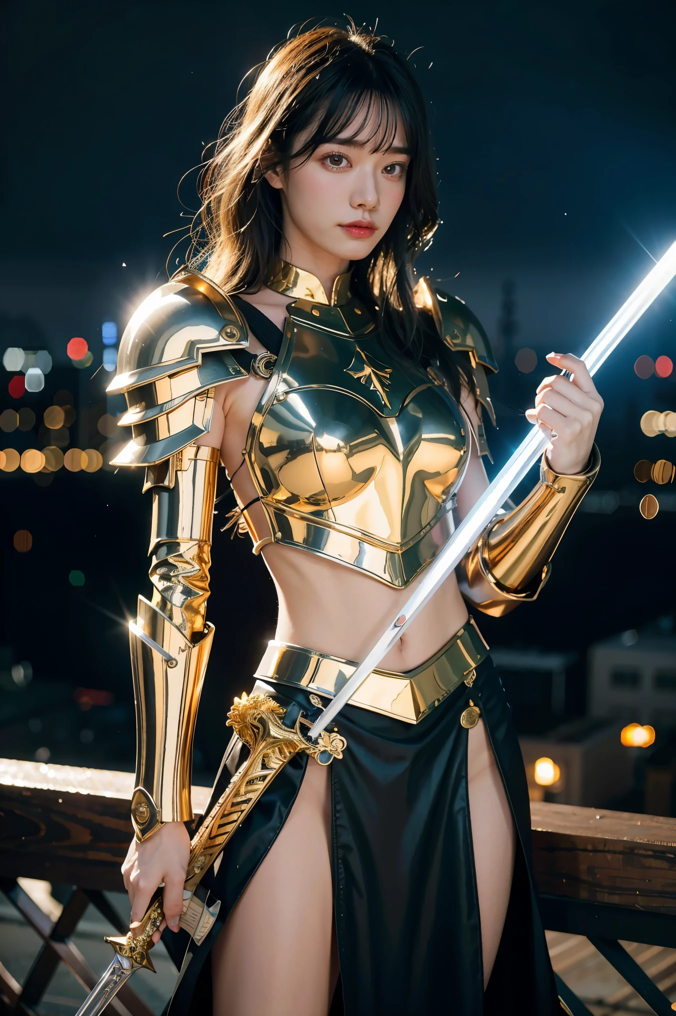 (masterpiece, best quality), A paladin holding a light infused sword, light magic, divine, magewave, silver and gold, 4k, dark cityscape, Fujifilm