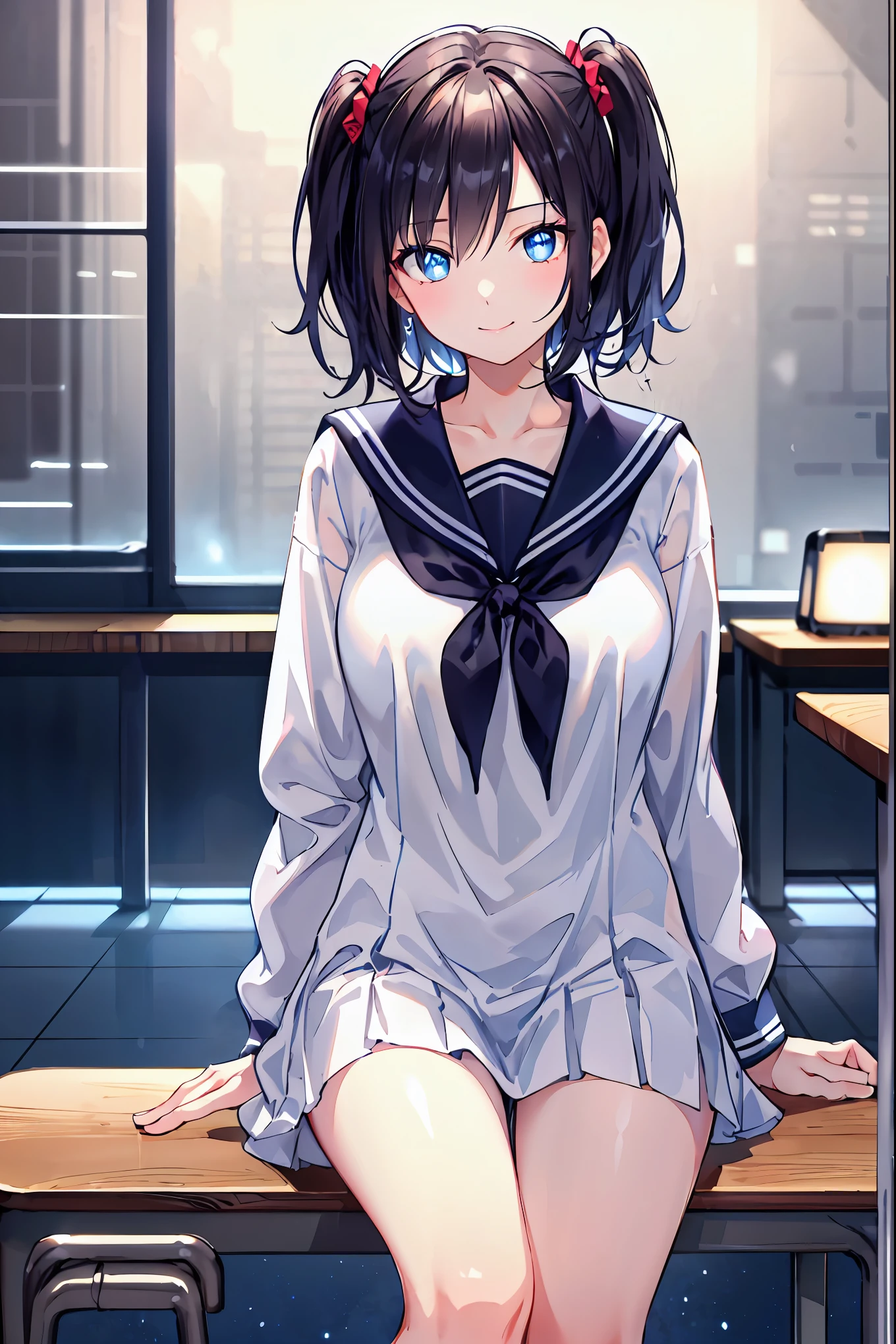 (masterpiece, 4K resolution, Super realistic, Very detailed), girl、、、Sailor Suit、,sit on the chair、classroom、Grab it with both hands、Smile、Black Hair、Bob Cut、hairpin,((Transparent white dress)), (Low-cut),(Better drawing detail),,Ruddy skin,Cleaning the collarbone,The clothes slipped down.,Water stains,Wearing sweats,saliva,(Loose clothing))Visible nipples,Visible areola,Soaked with sweat,heav breathing,Wafer-thin clothing,,Loose underwear,Visible shoulders,visible legs,Visible buttocks,Lower abdomen may be seen,Visible waist,Visible face,Miniskirt,(Lift your legs),exhibit