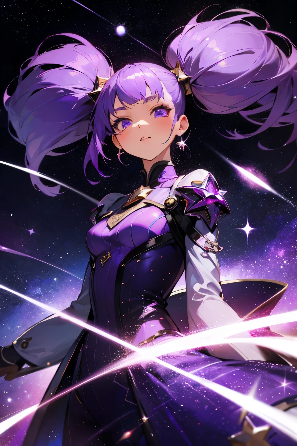 1 girl, superhero,  girl, leotard, barefoot, knee high boots, gloves, shining body, the light that surrounds her body, particles of light, space background, Are standing, put your hands on your hips, cowboy shot, whole bodyショット, superpower, perfect anatomy, cowboy shot. long hair,
Blake is purple body suit, body suit, gloves, Black body suit, multicolored body suit, 
Blake is looking at viewer, whole body,
Blake is (debris flies:1.2), highest quality, High resolution, unity 8k wallpaper, (shape:0.8), (beautiful and detailed eyes:1.6), highly detailed face, perfect sentence, Detailed CG, (perfect hands, perfect anatomy),