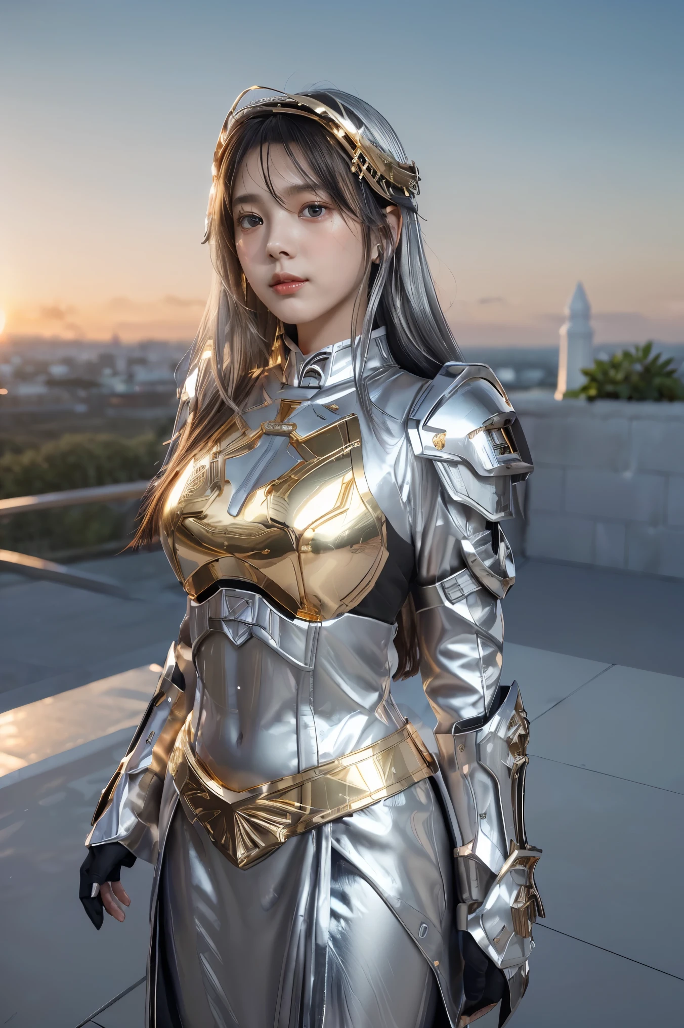 ((masterpiece, best quality, extremely detailed), volumetric lighting, ambient occlusion, colorful, glowing), 1girl, solo, young girl, (dark hair), long hair, halo, aura, sacred, goddess, cleric suit, (silver outfit with gold detailst:1.3), armor, outdoors, sunset, sky, clouds, space, (fantasy theme:1.2),