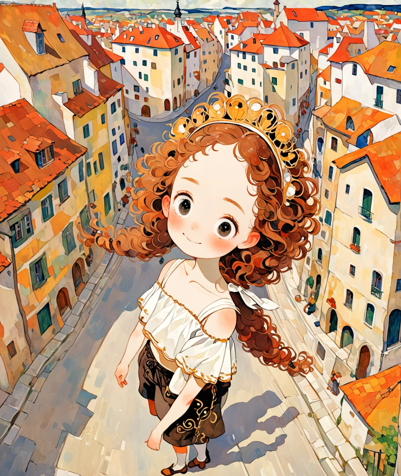 girl, forehead, black curly lower-twintail, black eyes, shy pose, little fat, white medieval uniform, headdress, smile, enjoy walking at street, city, looking away, midriff peek, Decolletage, shirt, shorts, from above, Egon Schiele: Expressionism style, Gustav Klimt: art-nouveau style, Peter Paul Rubens: Baroque style,