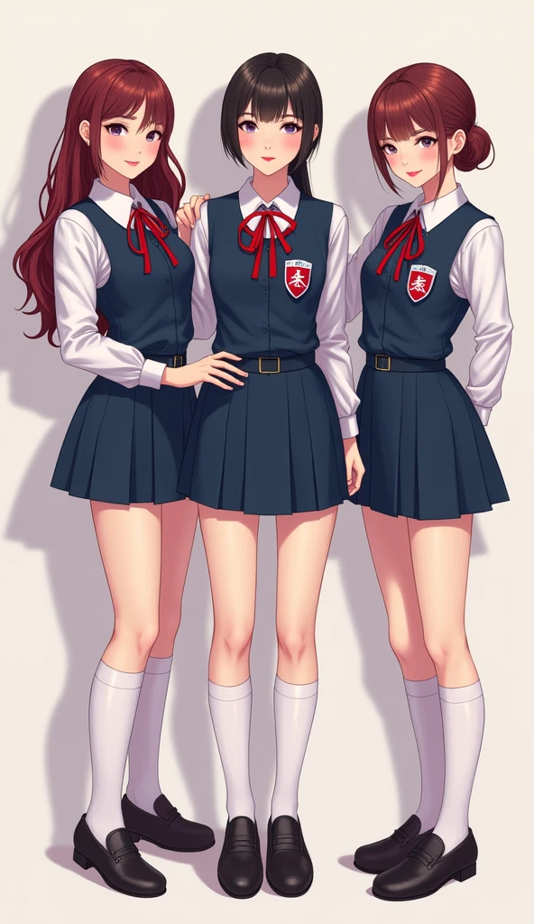 "Three 17 year old girls. The first has long yellow hair and green eyes., with tanned body. The second has white Bob hair and blue eyes, with light skin. The third has long red hair and red eyes., with dark body. The three are standing, wearing school uniforms. The background is a high school."
