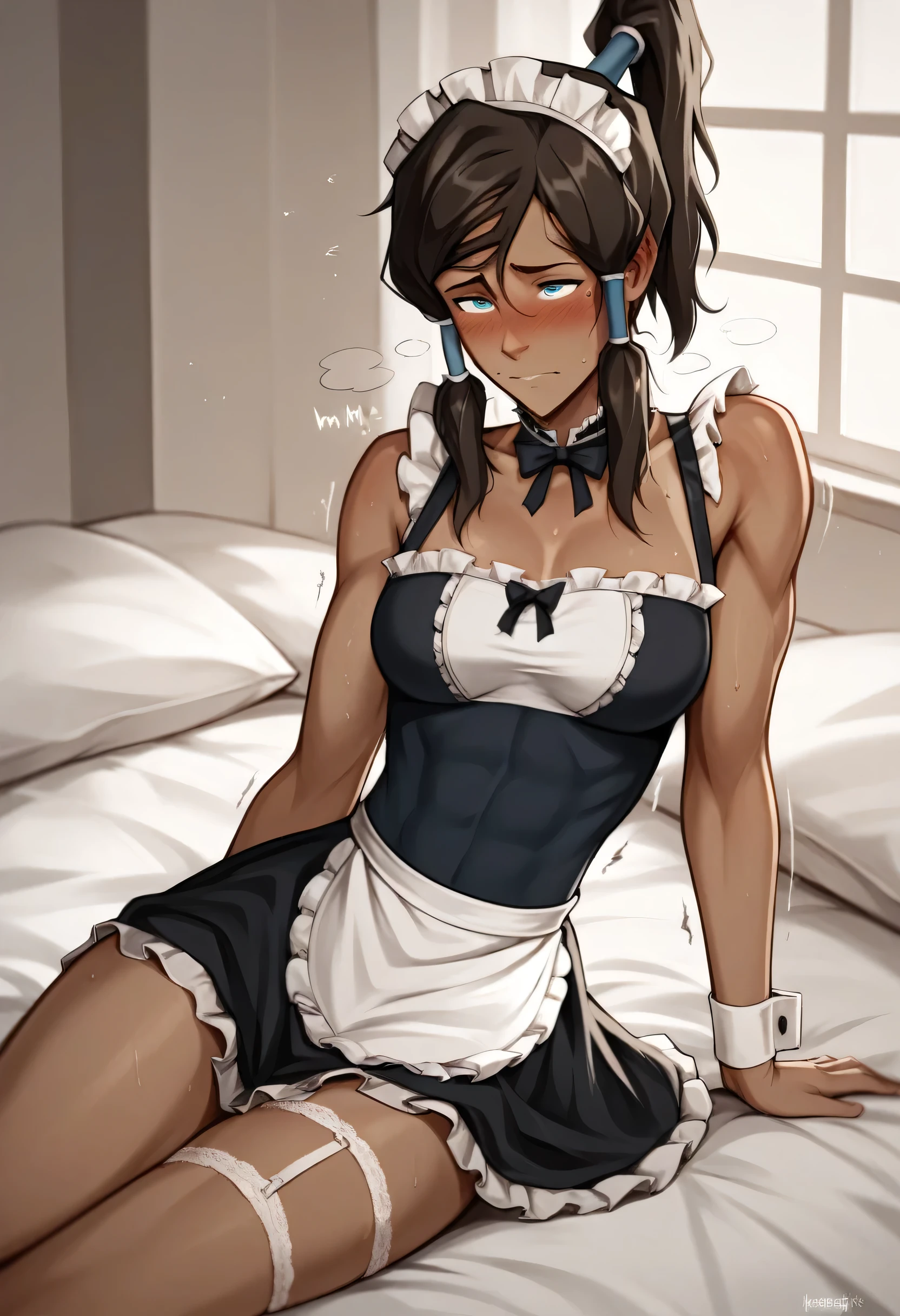 ((Masterpiece)), ((Highest Image Quality)), ((Best Quality)), (Illustration of One Girl), Long Black Hair, (Flat)), (Small), (Tall), (((Muscular Strong Body)), ((Muscular Chest Plate)), ((Muscular and Thick Arms)), ((Muscular and Thick Legs)), (Manspreading)), Open Legs, (((Maid Clothes)), Indoors, Bed,