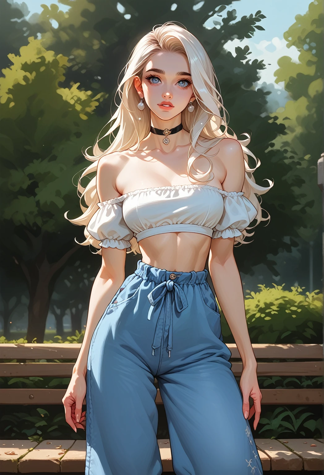 very beautiful very fit woman with long multicolored hair. Brunette and white hair. (((narrow waist))), ((very wide hips)). Perfect bubble butt. choker. Almond eyes. Thick lashes.Toned legs.  natural lighting. Park. ((Very wide loose pants)). Lowering her pants. Low waisted. Jewelry. Cute blouse with an exposed back