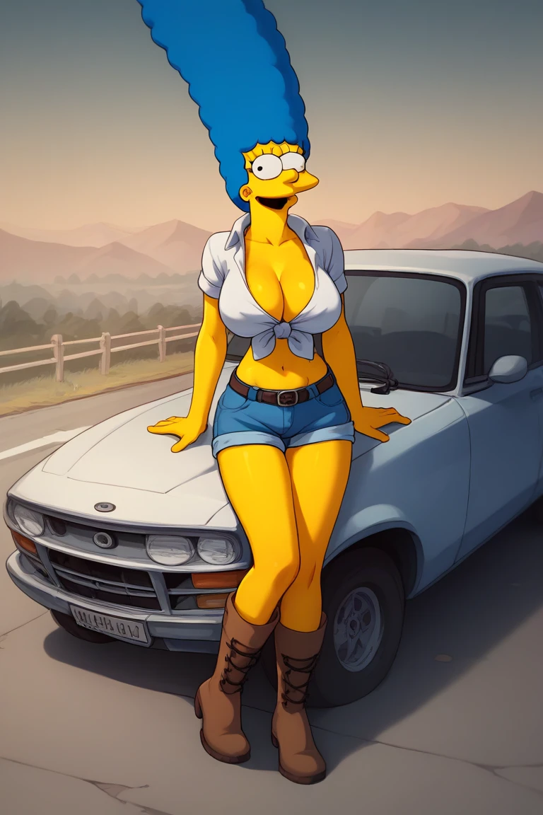 Marge Simpson very beautiful smiling with a super sexy body ((big breasts)) blue hair, with A female truck driver in a provocative outfit that includes a fitted denim shirt with the top buttons undone, paired with denim shorts and tall work boots. She wears a belt with a prominent buckle and a trucker cap. The scene is set on a highway or next to a large trailer, with details of a rural or urban landscape in the background, highlighting the fusion between strength and sensuality of the outfit.