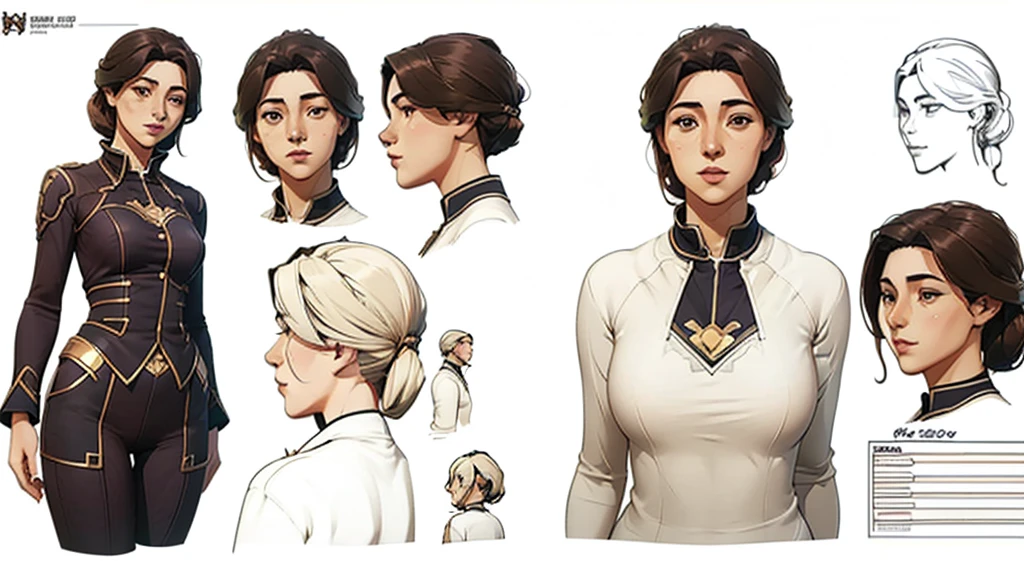 ((character concept art)), ((character design sheet, same character, front view)), head shot, (masterpiece), (Best quality), (perfect face), illustration, 1girl, mature age, (thick thighs), detailed hair, pretty face, happy, plain background