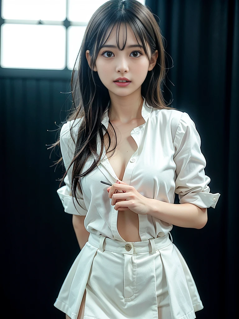 (8K, Highest quality, masterpiece: 1.2), (Realistic, photoRealistic: 1.37), beautiful, Sensual and erotic woman with a curvaceous body, Hair color is black、The eye color is dark brown、Long Hair、Straight hair、 (White long formal shirt)、(Unbutton your shirt.)、jeans, Handcuffed over the head, Handcuffs、please stretch your arms、gag、In the basement, ((jeans))