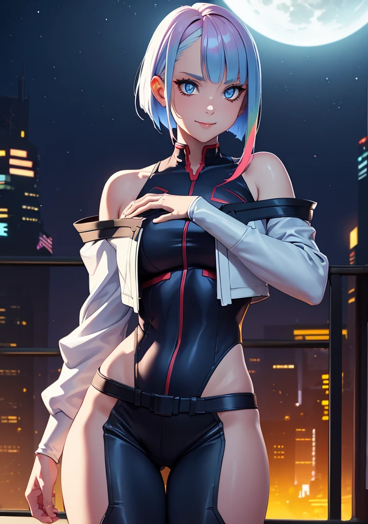 lucy \(cyberpunk\), 1girl, against railing, arm rest, bangs, bare shoulders, belt, black belt, black leotard, black pants, blurry, bob cut, breasts, building, cigarette, cityscape, clothing cutout, cropped jacket, cyberpunk, depth of field, from side, gradient eyes, grey eyes, grey hair, holding, holding cigarette, jacket, leotard, lips, long sleeves, looking afar, looking ahead, mechanical parts, medium breasts, multicolored eyes, multicolored hair, night, night sky, off shoulder, open clothes, open jacket, outdoors, pants, parted lips, railing, red eyeliner, science fiction, short hair with long locks, short shorts, shorts, sidelocks, sky, smoke, smoking, solo, standing, teeth, thigh cutout, upper teeth only, white jacket, white shorts, cyberpunk \(series\), cyberpunk edgerunners
<lora:lucy-000035:0.6>