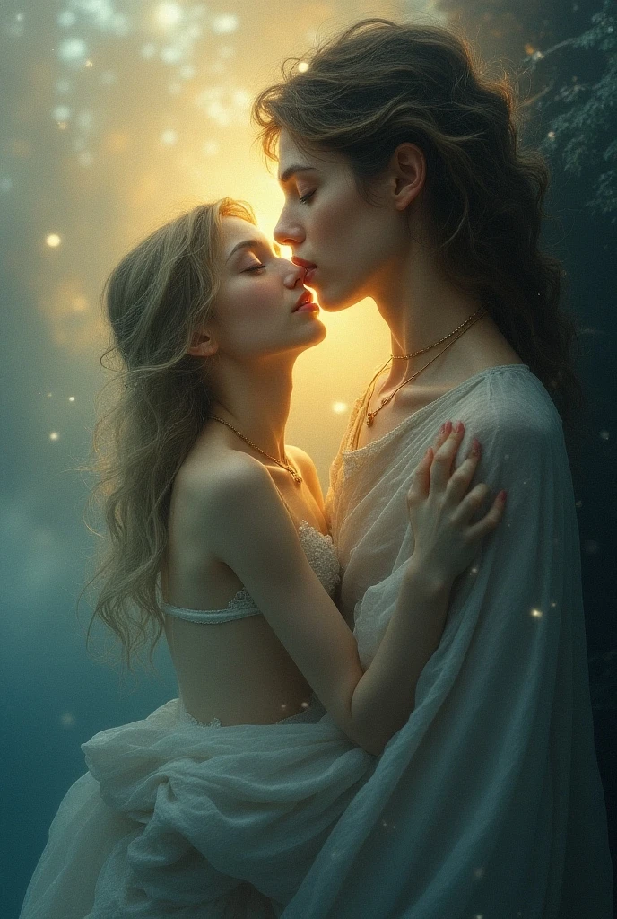 Two girls (), naked, identical, clones, passionately kissing