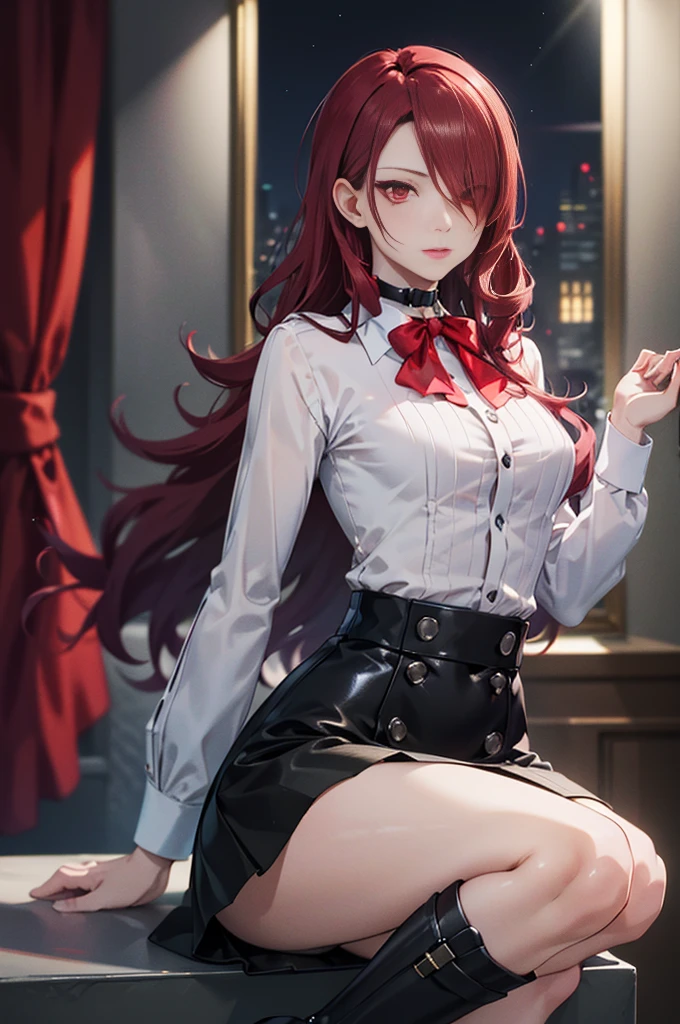   The best quality , ( masterpiece :1.3),  Cinematic lighting , ultra-detail, (highres:1.1), mitsuru kirijou, long dark red hair, ( hair covering a right eye ),  detailed eyes , red eyes, choker:1.6, red bow on the chest , ((White buttoned shirt)), (shiny black miniskirt), (black boots), elegant room, mansion, night}