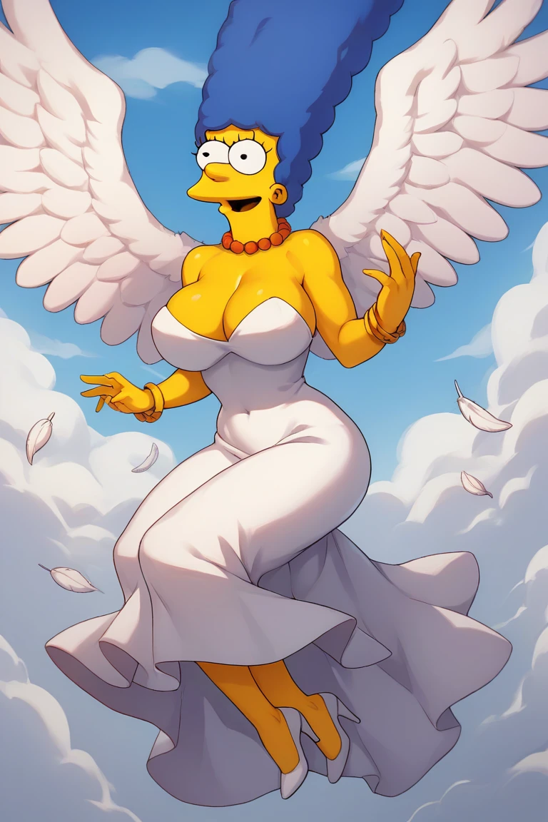 Marge Simpson very beautiful smiling with a super sexy body ((big breasts)) blue hair, with An angel wearing a provocative outfit that includes a short, tight white dress with lace and feather details. She wears large, white wings, and high heels that accentuate her figure. The scene is set in a heavenly environment, with clouds and golden light in the background, highlighting the combination of innocence and sensuality in the outfit, creating an ethereal and captivating effect.