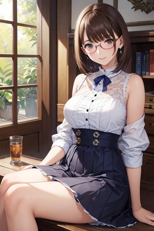 1lady solo, walking slowly, (blue silver blouse) (leather skirt), mature female, /(silver gray hair/) bangs, light smile, (masterpiece best quality:1.2) delicate illustration ultra-detailed, large breasts BREAK (holding pouch) BREAK (corridor of high-end restaurant:1.2) indoors, (stained glass window), (setting sun's light), detailed background