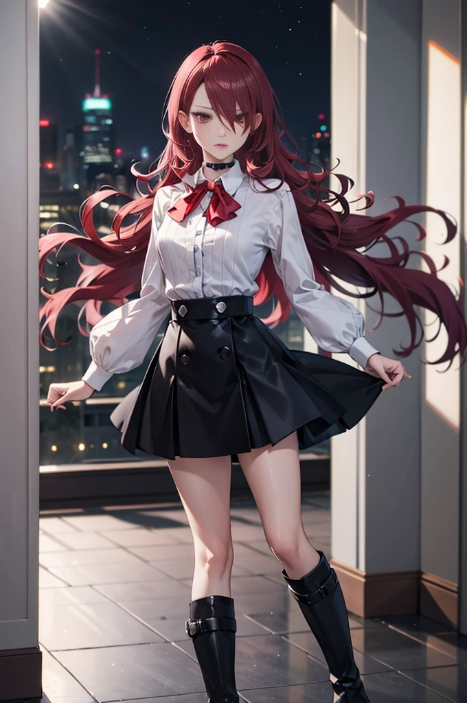   The best quality , ( masterpiece :1.3),  Cinematic lighting , ultra-detail, (highres:1.1), mitsuru kirijou, standing, front view,  looking at the spectator, long dark red hair, ( hair covering a right eye ),  detailed eyes , red eyes, choker:1.6, red bow on the chest , ((White buttoned shirt)), (shiny black miniskirt), (black boots), elegant room, mansion, night}