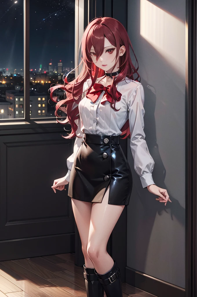   The best quality , ( masterpiece :1.3),  Cinematic lighting , ultra-detail, (highres:1.1), mitsuru kirijou, standing, front view,  looking at the spectator, long dark red hair, ( hair covering a right eye ),  detailed eyes , red eyes, choker:1.6, red bow on the chest , ((White buttoned shirt)), (shiny black miniskirt), (black boots), elegant room, mansion, night}