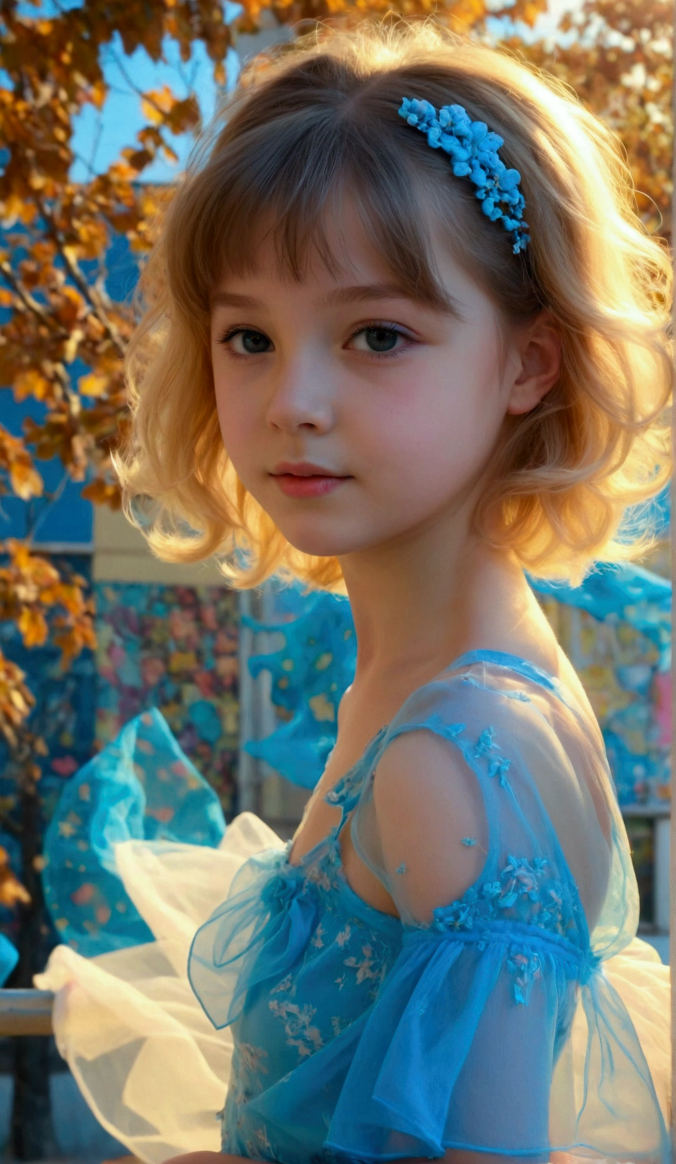 Prettiest girl, the cutest girl, sweet young girl on the schoolyard, relaxing, age 9 with beautiful small-budding breast, pale skin, juveniles physique, charming adolescents girl, wear sky-blue sheer fabric dress that show off her unique cuteness, sheer fabric, translucent clothes, full-body, wind blows her short skirt