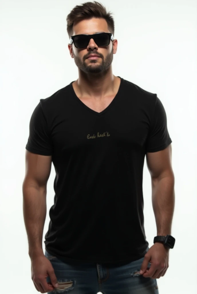 ((best quality)), ((masterpiece)), ((high res)), ((perfect photograph)), ((realistic)), (perfect face), handsome Polynesian man, wearing a straight black shirt, in the sun, light shining on shirt, no wrinkles on shirt, standing on the beach facing the camera, man bun hair, scruffy facial hair, skinny, tall, wearing shorts, happy, sunny day