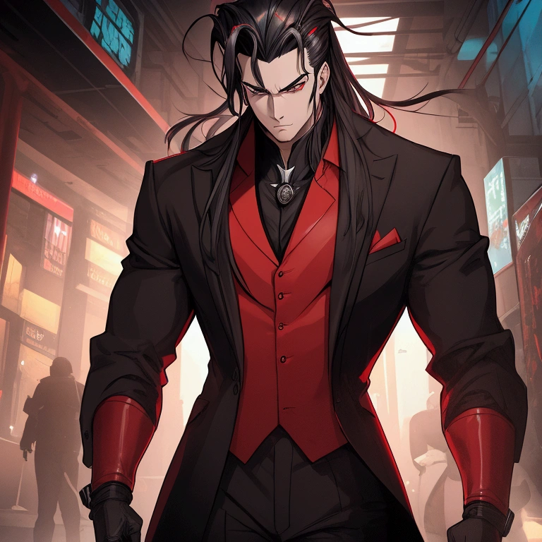 In a dimly lit setting, an imposing man stands clad in a perfectly tailored black suit. His broad shoulders and upright posture exude a commanding presence. Yet, what truly captivates attention are the twisted horns rising majestically from his forehead, gleaming in a dark, polished hue. These horns starkly contrast against the pale, eerie skin enveloping his angular and striking features.
His eyes, deep and piercing, possess an intense red glow, radiating an aura of determination and seriousness, as if harboring ancient secrets. Dilated pupils suggest keen sight, capable of seeing beyond the obvious.
While his hands rest calmly at his sides, it's impossible to ignore the sharp, red claws extending from the tips of his fingers. Each appears capable of wreaking havoc, starkly contrasting the sophistication of the suit he wears.
Behind him, a pool of fresh blood spreads across the ground, reflecting light in a disturbing manner. His presence feels both mysterious and threatening, carrying a sinister magnetism that intrigues and intimidates simultaneously.