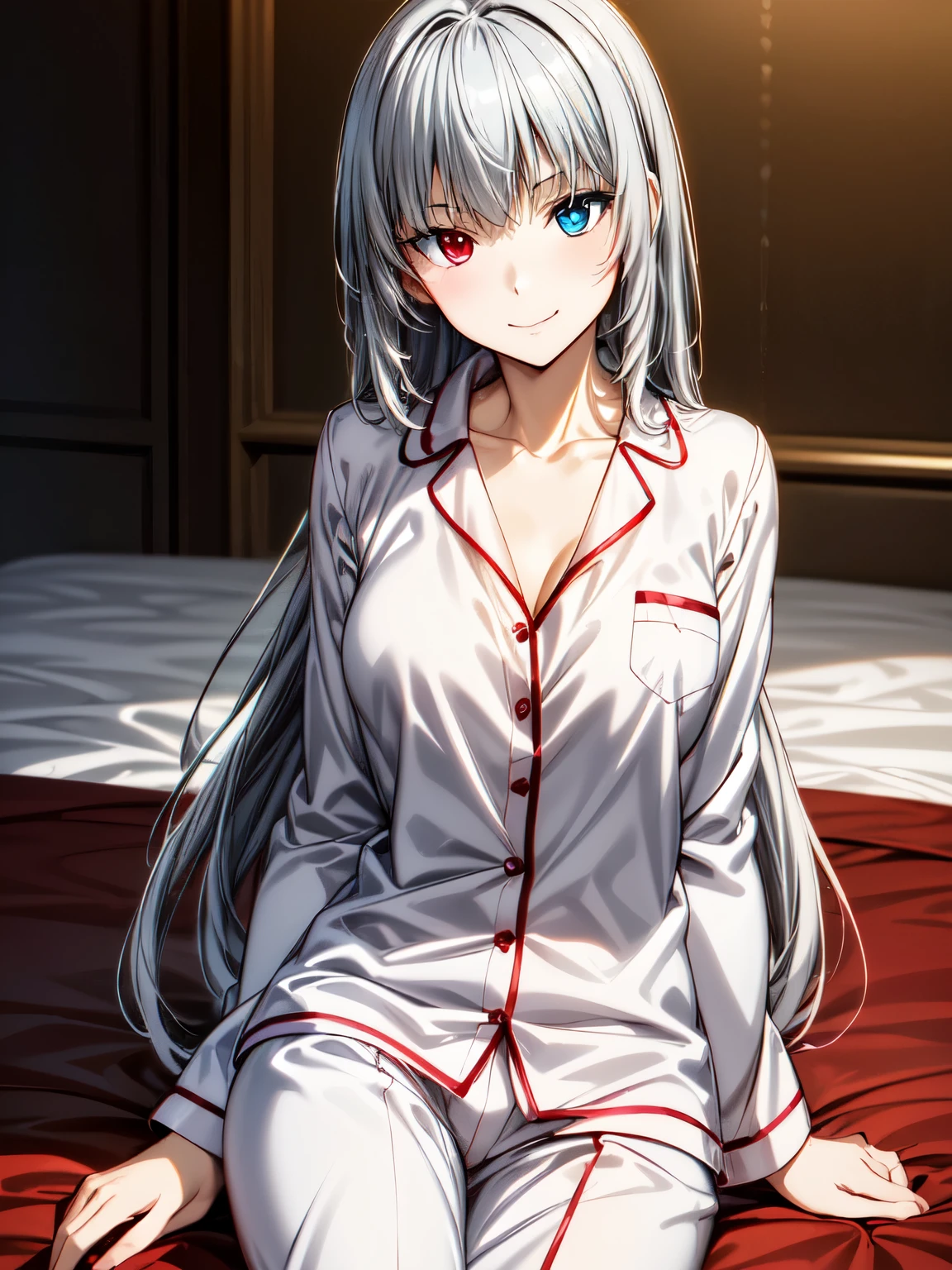 masterpiece、Best Quality、 Details、Luminous Valentine、 1girl, Alone、Sitting,Closed Mouth、smile、One girl、 long hair、( anime style illustration:1.3)、Silver Hair、Long Hair、indoor、adorable bedroom、bet、Long Hair、(（Blue Eyes：1. 2）、Heterochromia iridis、（Red Eye：1.3）)、（background_Crystal Rose：1.5）、(In pajamas:1.3),In pajamas、Sharp pupils、 High Resolution 、 High Resolution 、 super fine painting,、(非常に Details、color、Sparkle)、(Genuine、Real、Realistic:1.2)、Small breasts、  High Resolution 、超 High Resolution 、 cowboy shot