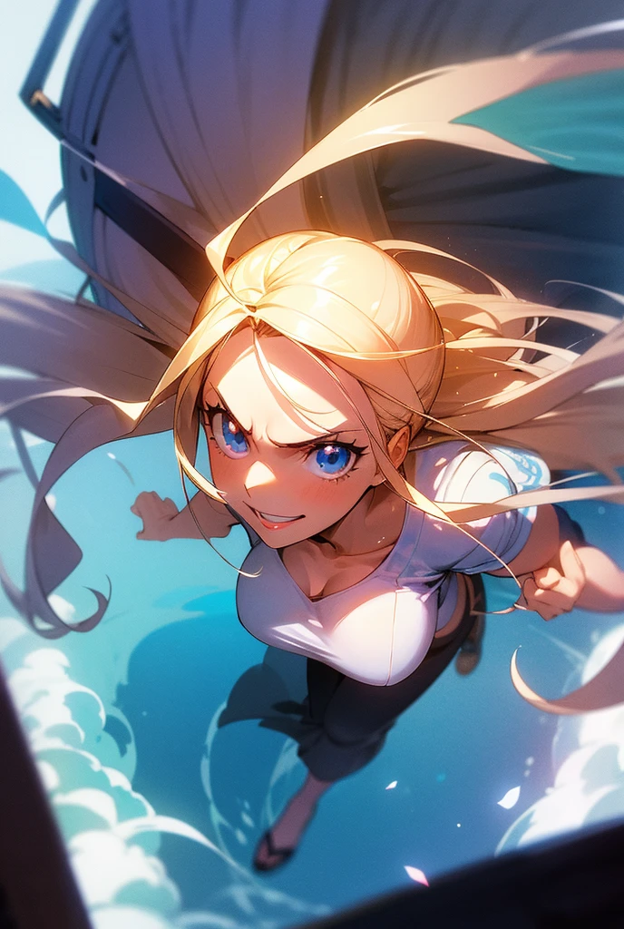 1 girl, Alone,  long hair ,  High resolution , breasts, Rice, blue eyes,  Fringe between the eyes, Backlighting, Necessary, HD model, Blonde hair, shiny hair,  Split Fringe, hair in the wind, Light blush,  red lips , Sparkling eyes, shy, pursed lips, Vanishing point, brilliance, silhouette, Flowering, Scanlines, ANIME STYLE, anime, Illustration, dress, playful smile, mar, ocean, sailing, PIRATE, one piece, top view, wavy hair, voluminous hair, punching