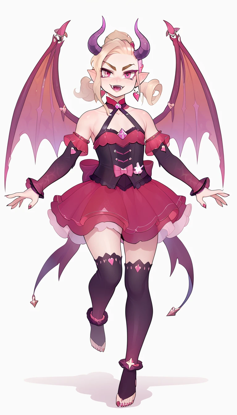 1girl, Solo, High Resolution, Masterpiece, Anatomically Correct, Best Quality, Super Detailed, UHD, HD, Blonde Hair, Sidelocks, Asymmetrical Hair, Long Pointy Ears, petite frame, tall female, succubus, monster girl, fangs, demon horns, tiny succubus wings, devil tail, (meticulously detailed hands, detailed feet), five fingers, five toes, strong legs, small breasts, (( Evil Smile, Seductive Smile, nose blush, Ear Blush, Long Eyelashes, Naughty, Hair Ornament, Hyperdetailed, Digital Art, Anime Style, barefoot, (clean lineart:1.3)