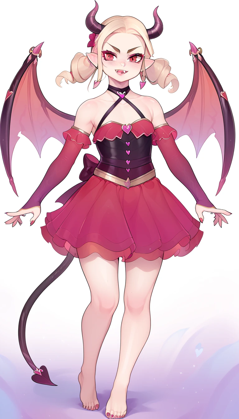 1girl, Solo, High Resolution, Masterpiece, Anatomically Correct, Best Quality, Super Detailed, UHD, HD, Blonde Hair, Sidelocks, Asymmetrical Hair, Long Pointy Ears, petite frame, tall female, succubus, monster girl, fangs, demon horns, tiny succubus wings, devil tail, (meticulously detailed hands, detailed feet), five fingers, five toes, strong legs, small breasts, (( Evil Smile, Seductive Smile, nose blush, Ear Blush, Long Eyelashes, Naughty, Hair Ornament, Hyperdetailed, Digital Art, Anime Style, barefoot, (clean lineart:1.3)