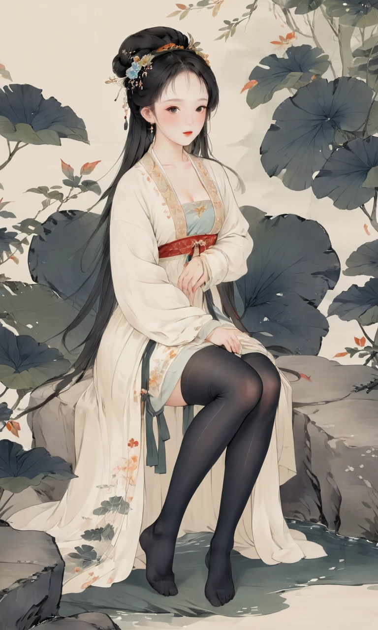 8K, masterpiece,  best quality, 2D, (  Traditional Chinese Ink Painting  :0.2), (Perfect hands:1.4), Black stockings，Wearing Hanfu，The Black stockings on the legs are exposed， thick thighs,  spread your legs , Nature is a stream ，Koyama，Small Animals