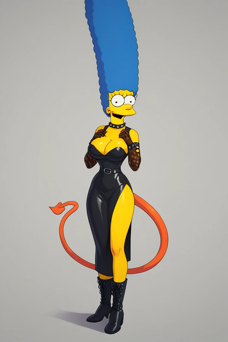 Marge Simpson very beautiful smiling with a super sexy body ((big breasts)) blue hair, with A demon wearing a provocative outfit consisting of a tight red or black dress, with leather and lace details. She wears decorative horns on her head, a long tail, and tall leather boots that accentuate her legs. The scene is set in a dark and mysterious environment, with flames or shadows in the background, highlighting the combination of seduction and danger in the outfit, creating a captivating and daring effect.